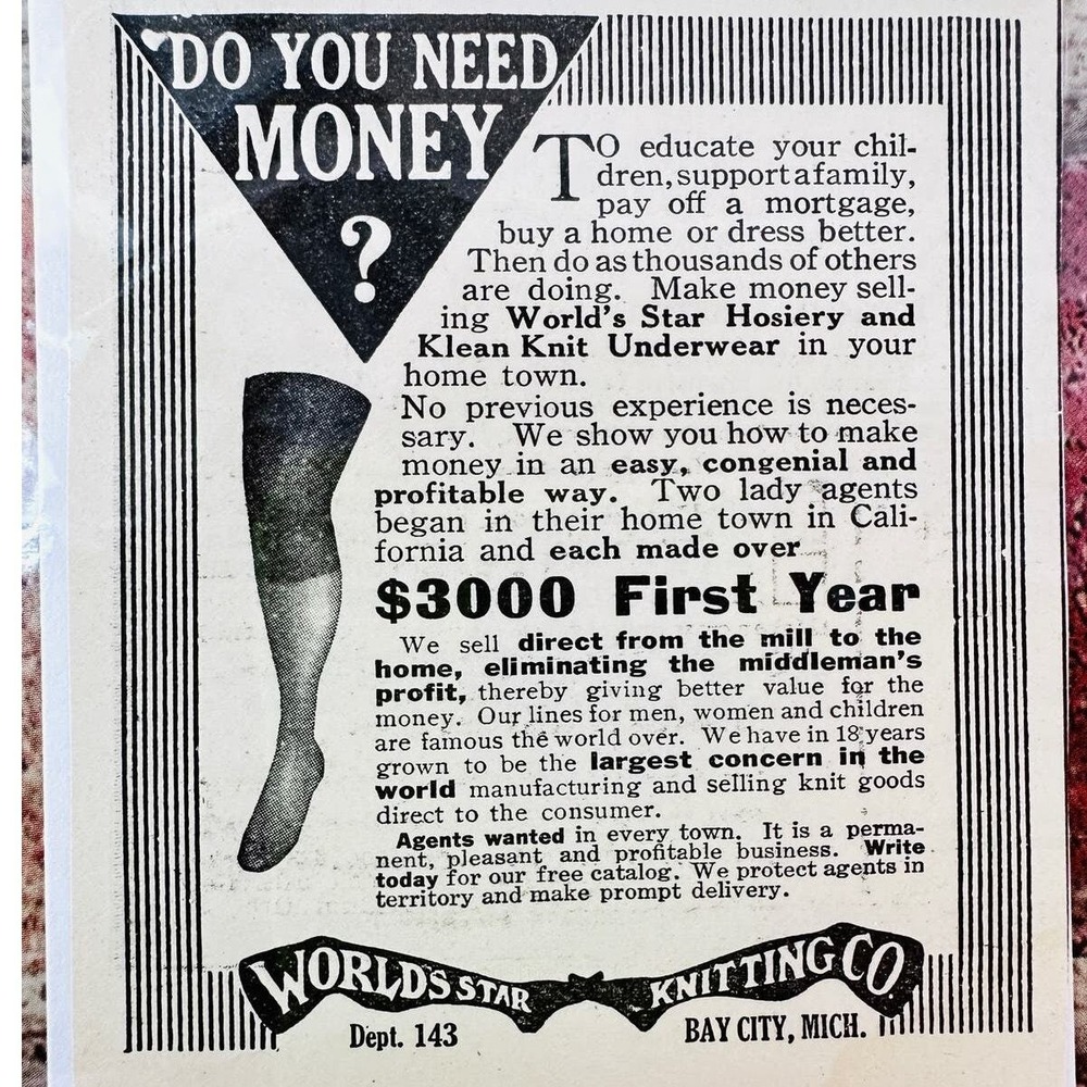 1914 Stocking Leg Worlds Star Knitting Company Antique Advertising Print Ad